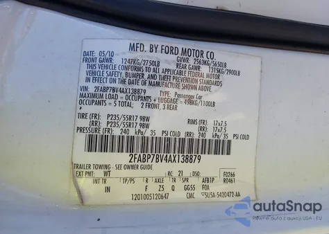 2010 Ford Crown Victoria Police/Police Interceptor из США, поврежденный, VIN 2FABP7BV4AX138879